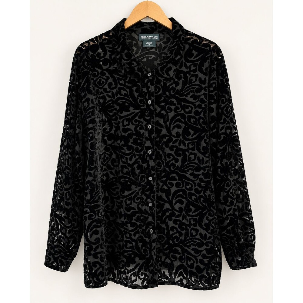 Black Velvet Burnout Sheer Floral Woman 1X Bridgetown Collection Button Blouse